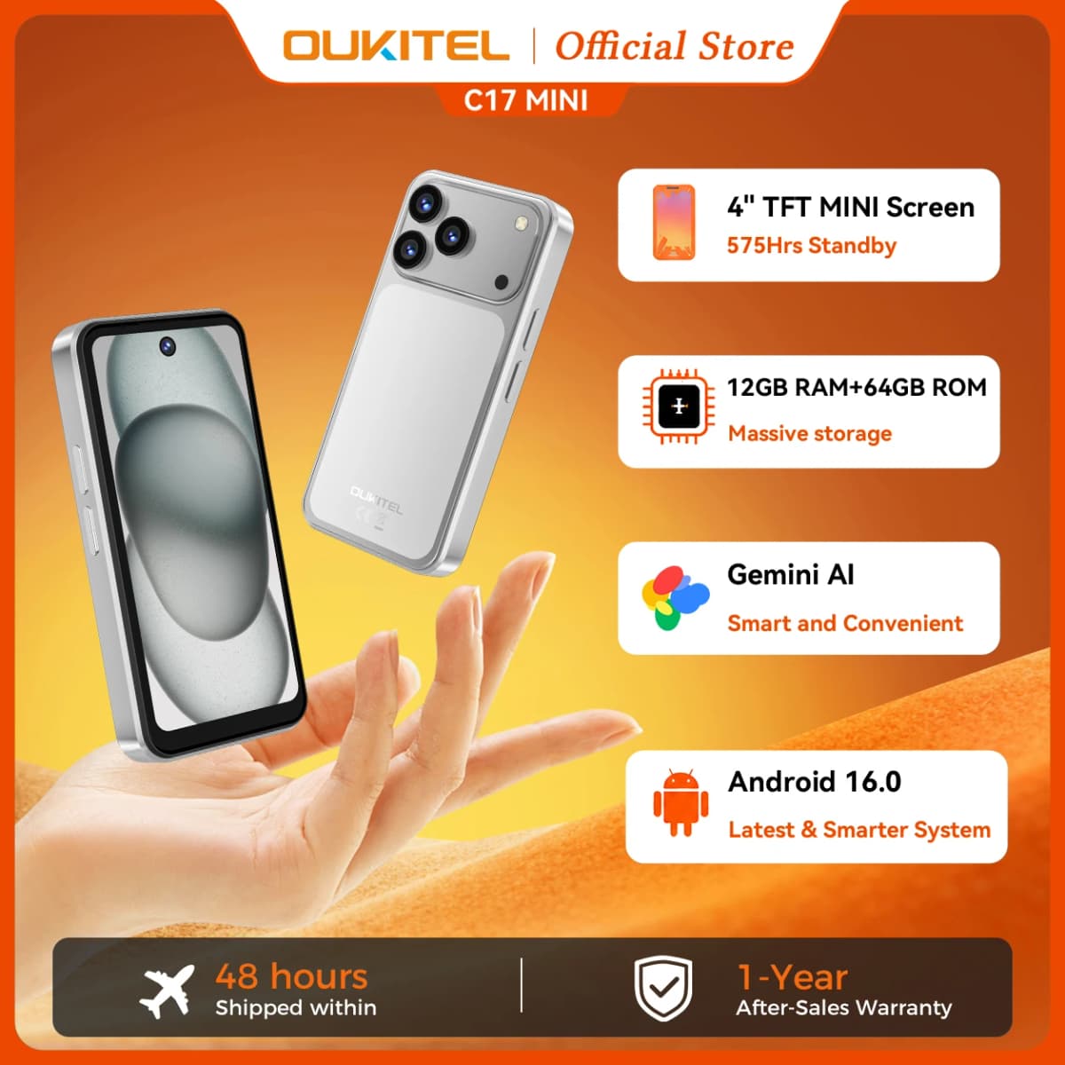OUKITEL C17 Mini 4'' Small Smartphone Global Version Android 16 Octa Core 12GB(4+8)+ 64GB Gemini AI Backup Portable Phone