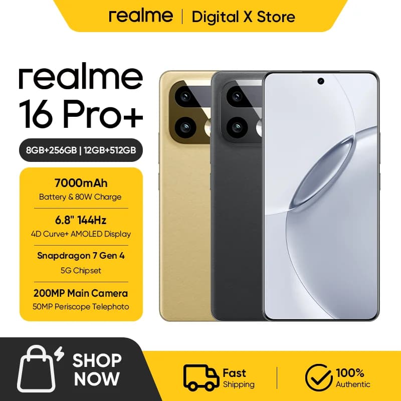 realme 16 Pro Plus 5G Smartphone 6.8" 144Hz AMOLED Display Snapdragon 7 Gen 4 Chipset 200MP Camera 50MP Periscope Telephoto NFC