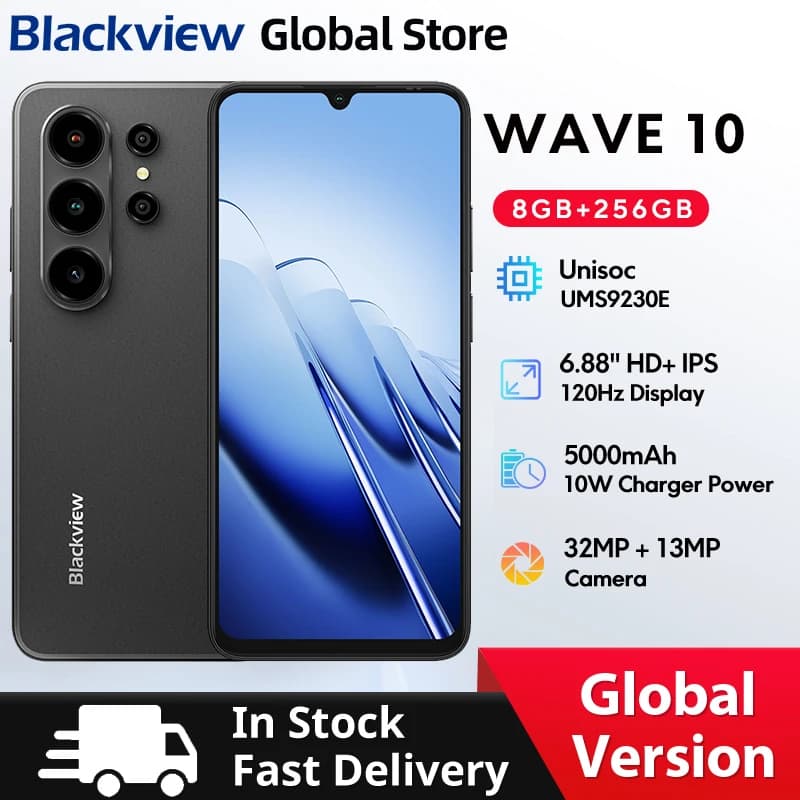 Blackview WAVE 10 Smartphone 6.88 HD+ 120Hz IPS Display Octa-Core 8GB 256GB 32Mp Camera 5000mAh 3 Card Slot Android 16 Cellphone