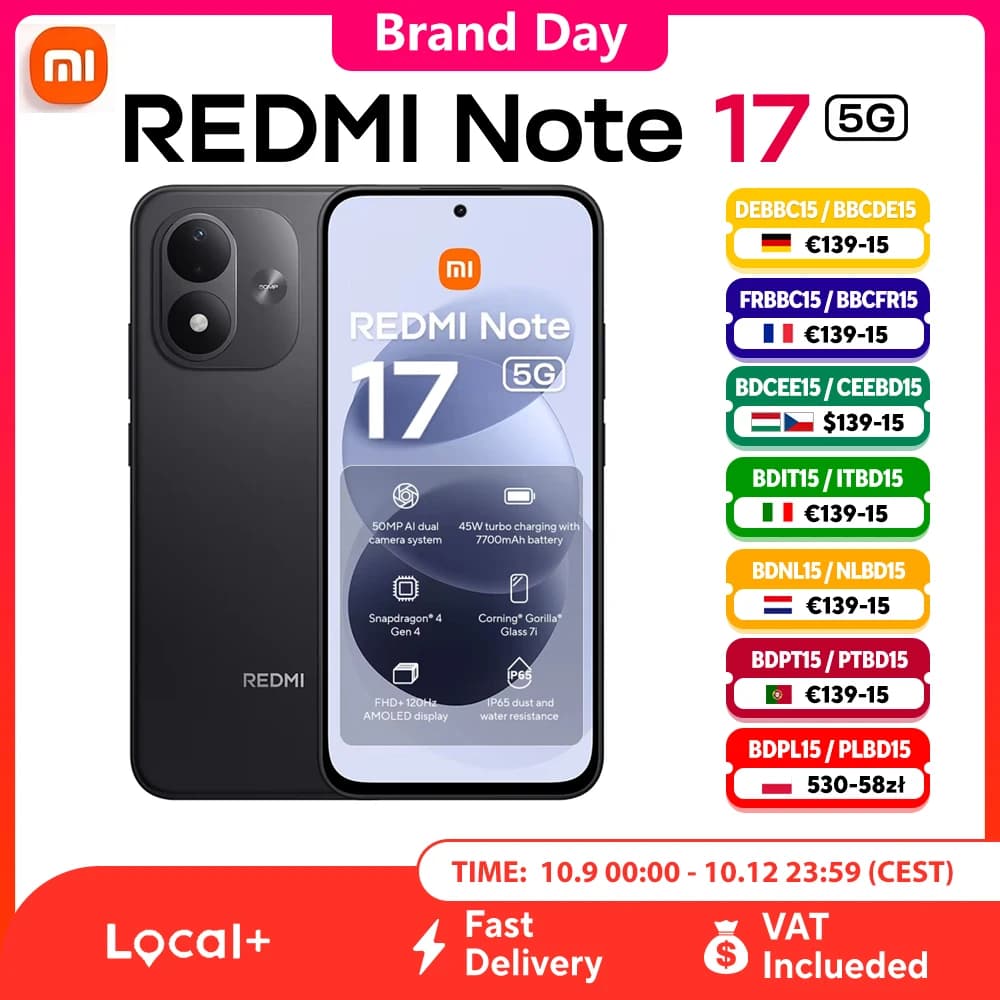 Xiaomi Redmi Note 17 5G Global Version, Dual SIM. 6.99' FHD+ 120Hz AMOLED, Corning Gorilla Glass 7i. Snapdragon 4 Gen4, 7700mAh Battery, 50MP Camera, IP65. Xiaomi HyperOS, 5G Phone for European Networks