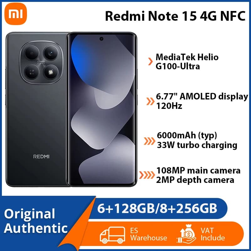 Original Xiaomi Redmi Note 15 4G NFC Cellphone 6000mAh Battery 6.77" AMOLED Display 108MP Main Camera MediaTek Helio G100-Ultra Processor Phone