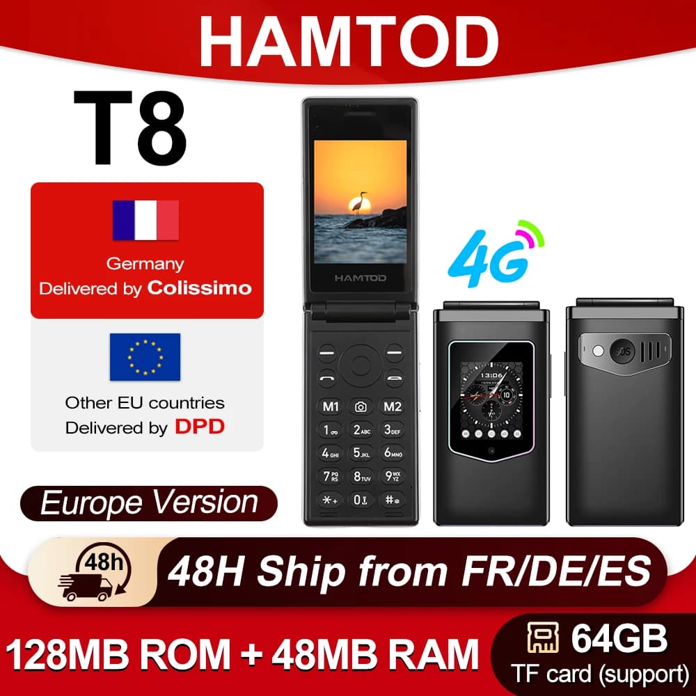HAMTOD T8 Classic Fashion Clamshell Flip Feature Phone 4G VoLTE Dual HD Screen 2.8" Main IPS Display + 1.77" Outer Screen Big Font Big Icons One Touch SOS Emergency Call 1500mAh Large Battery Easy Simple Operation Unbreakable Basic Mobile Cell Phone For S