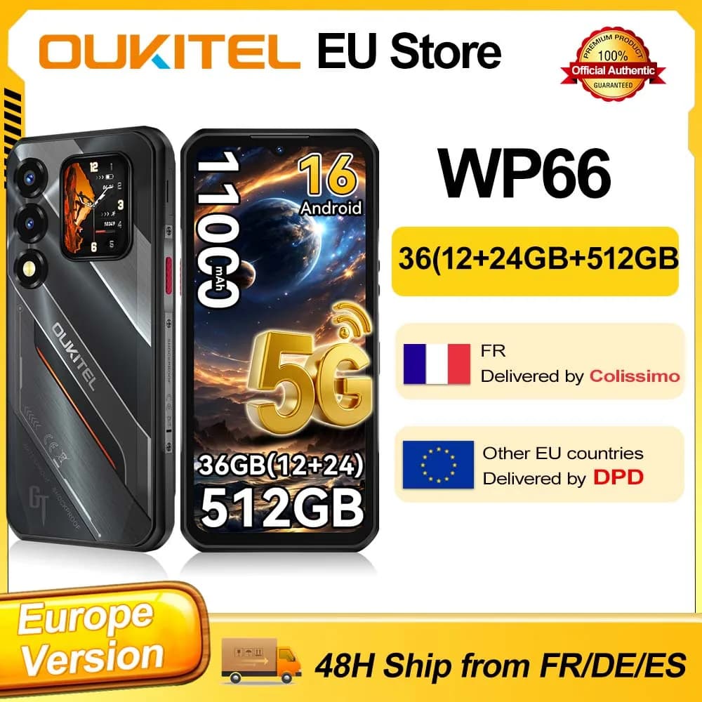 Oukitel WP66 Ultra-slim Rugged Smartphone, 36GB(12+24) RAM+512GB ROM, Dual Screen with Auxiliary Secondary Display, Dimensity 7000 5G Chipset, 6.6" FHD+ 120Hz Screen, 11000mAh Big Battery, 100MP Main Camera, 33W Fast Charging