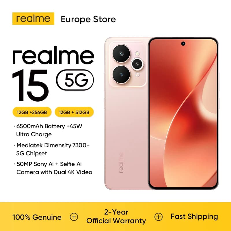 realme 15 5G Smartphone (Included EU Charger) Dimensity 7300+ 6500mAh Battery, 45W Charge Processor 6.77"144Hz AMOLED Display NFC