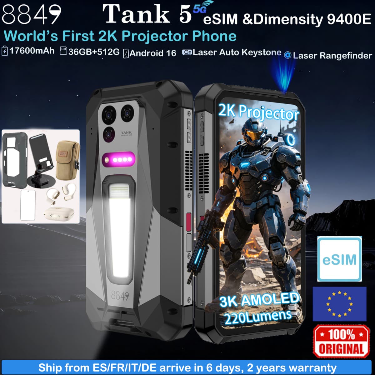 8849 TANK 5 Unihertz 2K Projector Rugged Smartphone eSIM Dimensity 9400e 3K AMOLED Android 16 220Lumens Projector 17600mAh 18GB+512GB 5G WiFi 7 2026 Smartphone