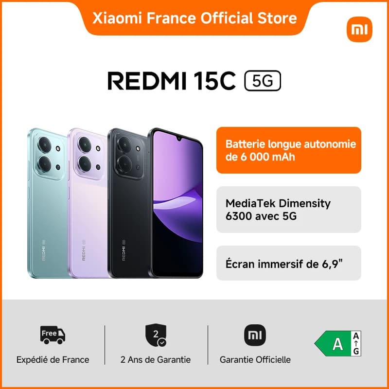 Xiaomi France | REDMI 15C 5G, 6 000 mAh long battery life, immersive screen 6,9", MediaTek Dimensity 6300 with 5G