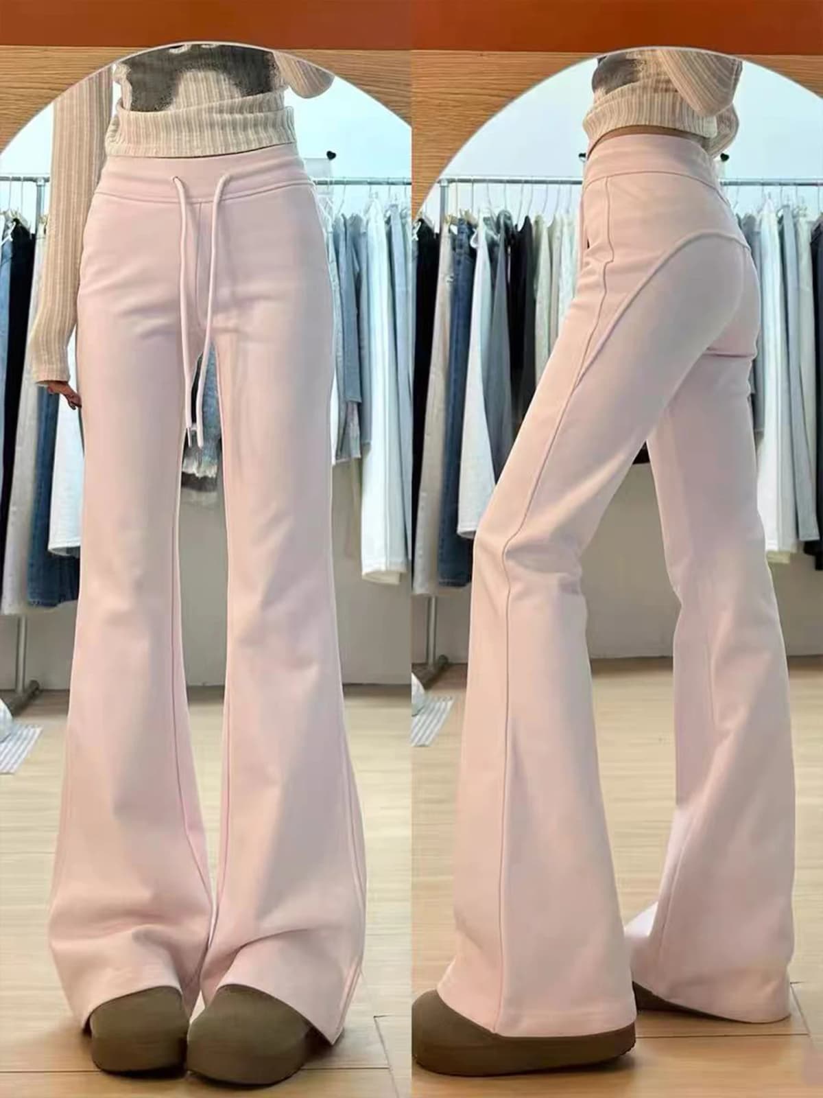 Pink High Waist Fleece Lined Flared Casual Pants Women's Autumn 2026 New Style Sporty Loose Fit Trousers Ladies Premium Casua...