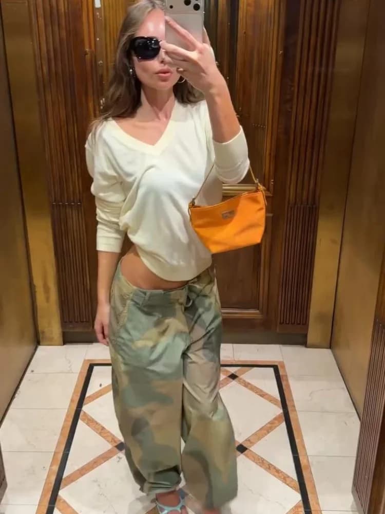 Women Camouflage Cargo Long Pants High Waist Wide Leg Drawstring Hem Baggy Trousers 2026 Autumn Casual Chic Vintage Streetwear