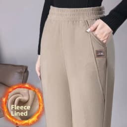 High Waist Thickened Fleece Women's Pants Autumn Winter Casual Loose Mom Pants Harlan Style Pocket Detail Elastic Waist