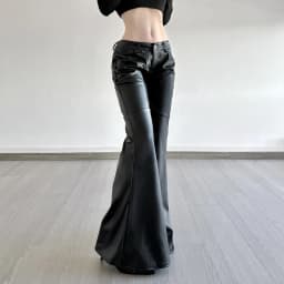 Women Low Waist PU Flared Pants Autumn New High Street Black Splicing American Simple Fashion Slim Leather Trousers