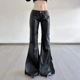 Women Low Waist PU Flared Pants Autumn New High Street Black Splicing American Simple Fashion Slim Leather Trousers