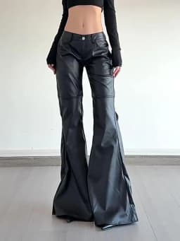 Women Low Waist PU Flared Pants Autumn New High Street Black Splicing American Simple Fashion Slim Leather Trousers