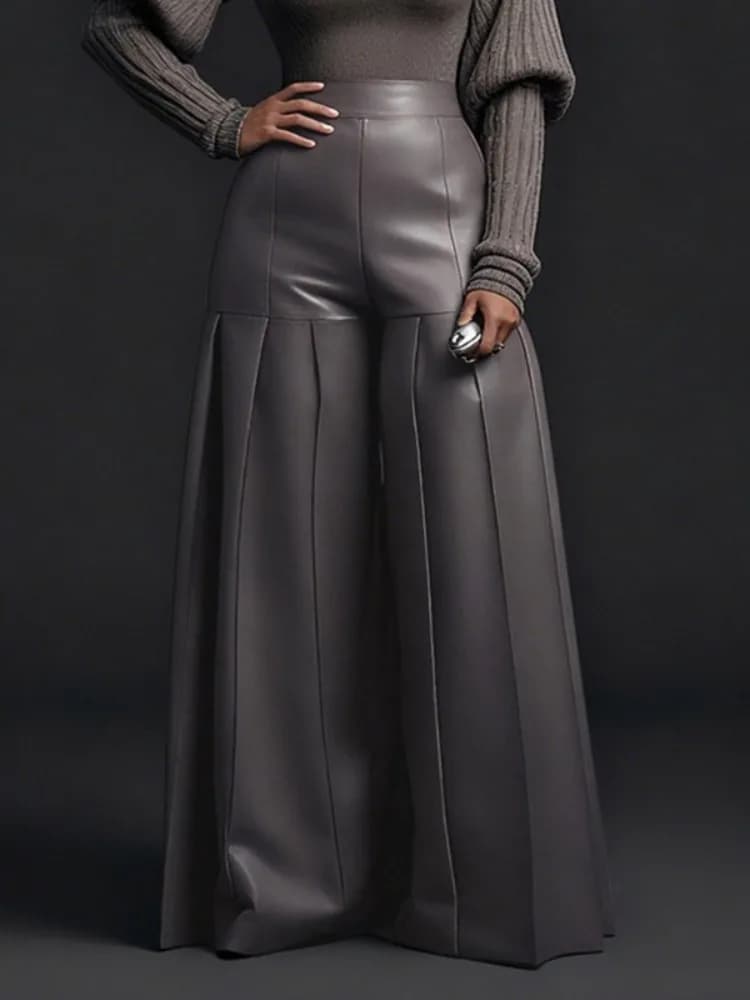 UOOZEE Women's Faux Leather Pleated Wide Leg Pants Solid Color High Waist Oversized Trousers Club Party Night Out Bottoms 2026