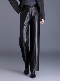 ZUZK New Straight PU Leather Long Pants Women Elastic Waist High Waist Autumn Winter Fashion Warm Elegant Leather Trousers