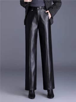 ZUZK New Straight PU Leather Long Pants Women Elastic Waist High Waist Autumn Winter Fashion Warm Elegant Leather Trousers