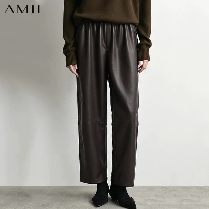 Amii Women Wide Leg Pants Mid Rise Elastic Waist Ankle Length Solid 2026 Autumn Commute Loose Casual Woman PU Trousers 12643003