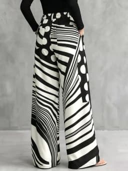 Yeezzi Women High Waist Wide Leg Pants Black White Polka‑Dot Stripe Patchwork Printed Loose Full‑Length Casual Fashion Trousers