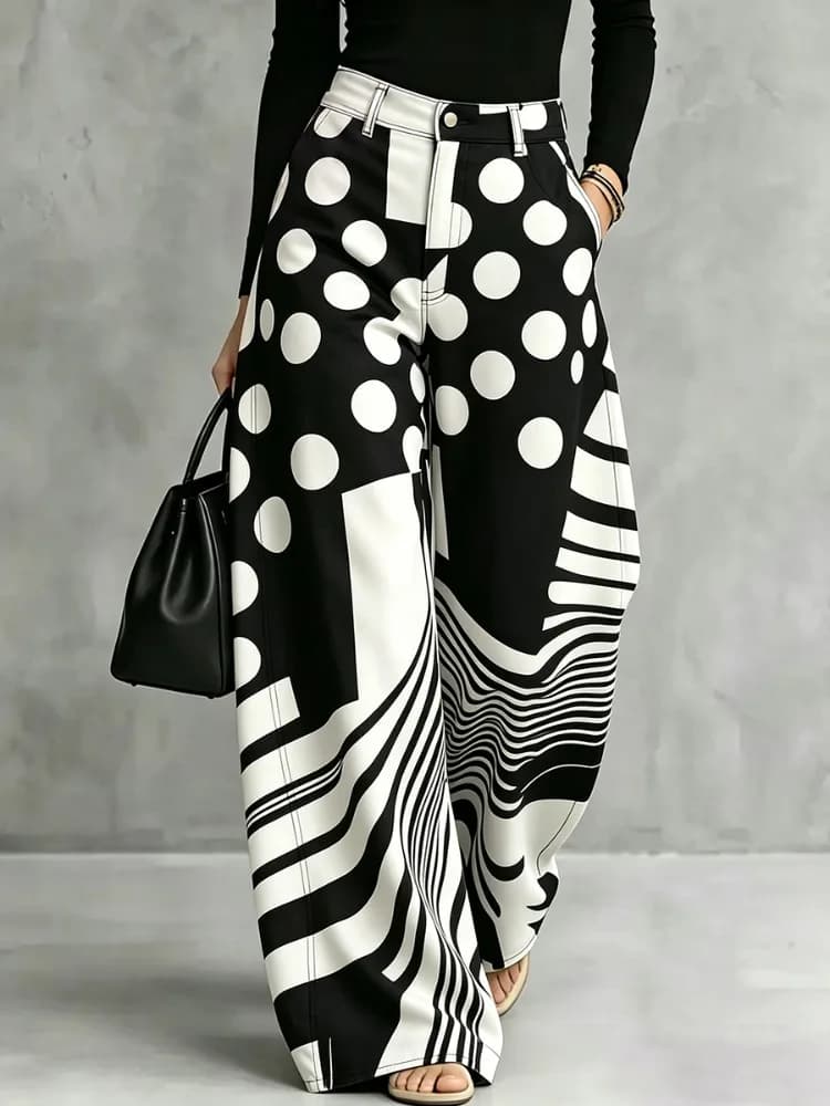 Yeezzi Women High Waist Wide Leg Pants Black White Polka‑Dot Stripe Patchwork Printed Loose Full‑Length Casual Fashion Trousers