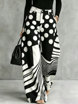 Yeezzi Women High Waist Wide Leg Pants Black White Polka‑Dot Stripe Patchwork Printed Loose Full‑Length Casual Fashion Trousers