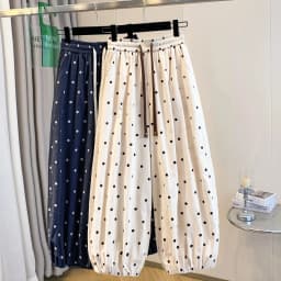 2026 summer cotton linen polka dot trousers Women's Loose Wide leg versatile nine point Harem Pants Korean version Lantern Pants