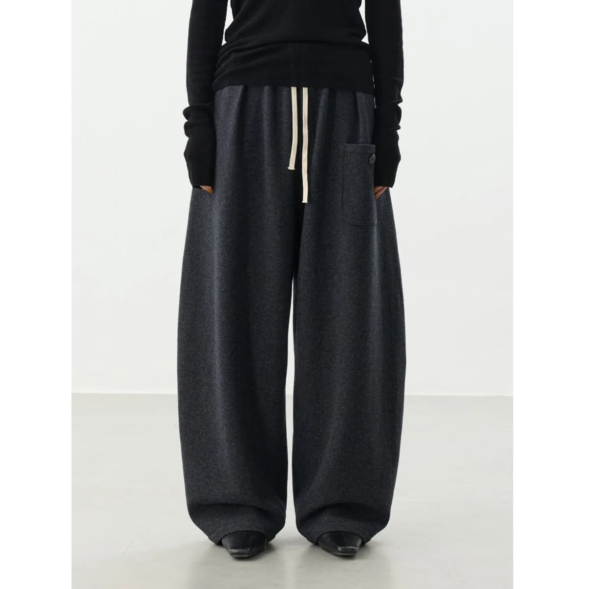 Curved Hem Pants~Wool Elastic Waist Wide-Leg Casual Pants for Women, 2025 Winter Fashionable Thickened Floor-Length Pants