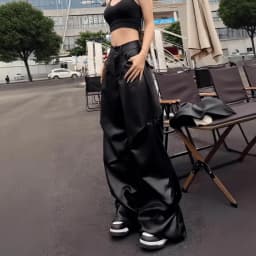 Fashionable Wide Leg Pants for Spring and Autumn Women's New High Waisted Straight Leg Loose Floor Length Casual Leather Pants