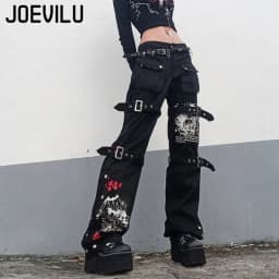 Y2K Metal Button High Waisted Straight Leg Jeans Drop Crotch Print Streetwear Pants Hip Hop Cargo Denim Trousers for Women