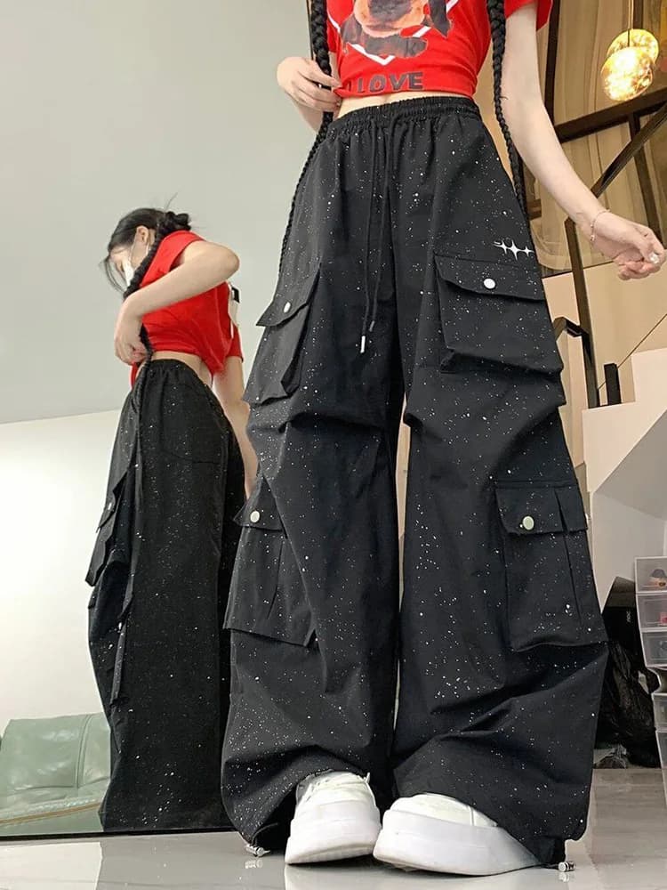 Glitter Streetwear Cargo Pant Women Hip Hop Pockets Harajuku Black Trousers American Casual Bf High Waist Retro Loose Y2K Pants