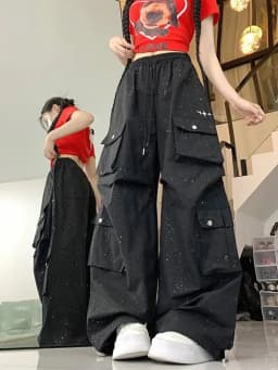 Glitter Streetwear Cargo Pant Women Hip Hop Pockets Harajuku Black Trousers American Casual Bf High Waist Retro Loose Y2K Pants