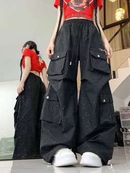 Glitter Streetwear Cargo Pant Women Hip Hop Pockets Harajuku Black Trousers American Casual Bf High Waist Retro Loose Y2K Pants