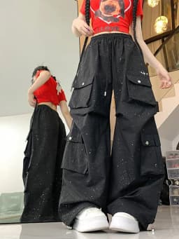 Glitter Streetwear Cargo Pant Women Hip Hop Pockets Harajuku Black Trousers American Casual Bf High Waist Retro Loose Y2K Pants