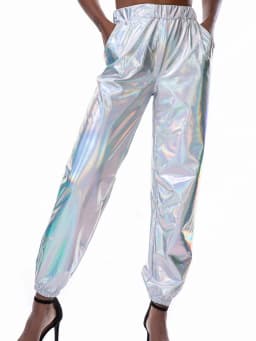 Women Shiny Holographic Pants Loose High Waist Metallic Trousers Dance Performance Hip Hop Pants Streetwear Joggers