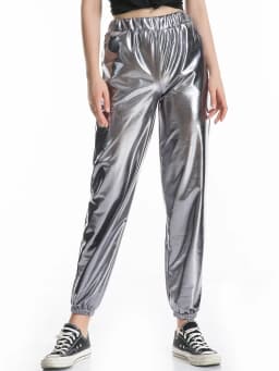 Women Shiny Holographic Pants Loose High Waist Metallic Trousers Dance Performance Hip Hop Pants Streetwear Joggers
