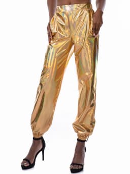 Women Shiny Holographic Pants Loose High Waist Metallic Trousers Dance Performance Hip Hop Pants Streetwear Joggers