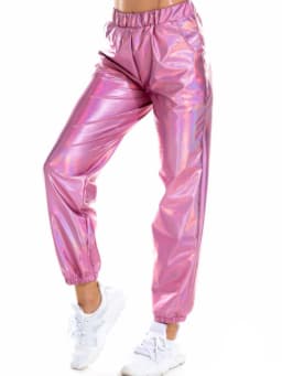 Women Shiny Holographic Pants Loose High Waist Metallic Trousers Dance Performance Hip Hop Pants Streetwear Joggers