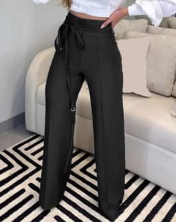 Women Fashion Tied Detail Straight Leg Work Pants Khaki Female High Waist Office Lady Elegant Long Trousers 2023 Autumn Clothing