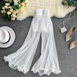 Summer Women's Wide Leg Pants Elastic Waist Pleated Fashionable Air Conditioned Long Pants Bell Bottoms Commute Style Polyest...