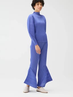 Miyake Pleated Skyline Flare Trousers Elastic Waistband Long Pants High Neck Dolman Sleeves Tops
