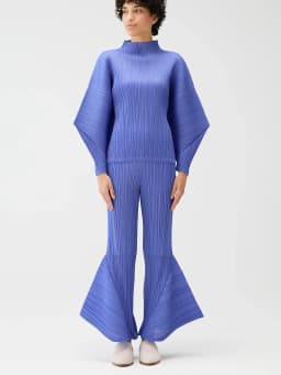 Miyake Pleated Skyline Flare Trousers Elastic Waistband Long Pants High Neck Dolman Sleeves Tops