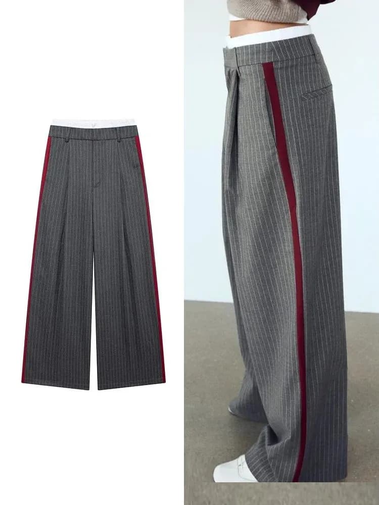 Women's Versatile Color Blo Thin Stripe Straight Casual Pants Street Sle Asymmetric Trousers l Waist Long Polyester...