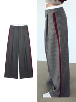 Women's Versatile Color Blo Thin Stripe Straight Casual Pants Street Sle Asymmetric Trousers l Waist Long Polyester...