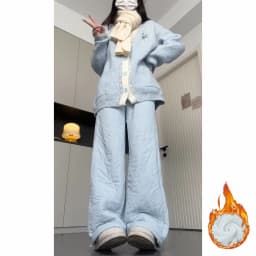 Blue Style Women's High Waist Straight Leg Pants Windproof Double Wear Trousers Autumn Winter Warmth And Cold Resistance