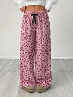 Women Casual Trousers Elastic Waistband Drawstring Tie Pajama Bottoms Leopard Print Wide Leg Lounge Pants
