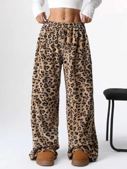Women Casual Trousers Elastic Waistband Drawstring Tie Pajama Bottoms Leopard Print Wide Leg Lounge Pants