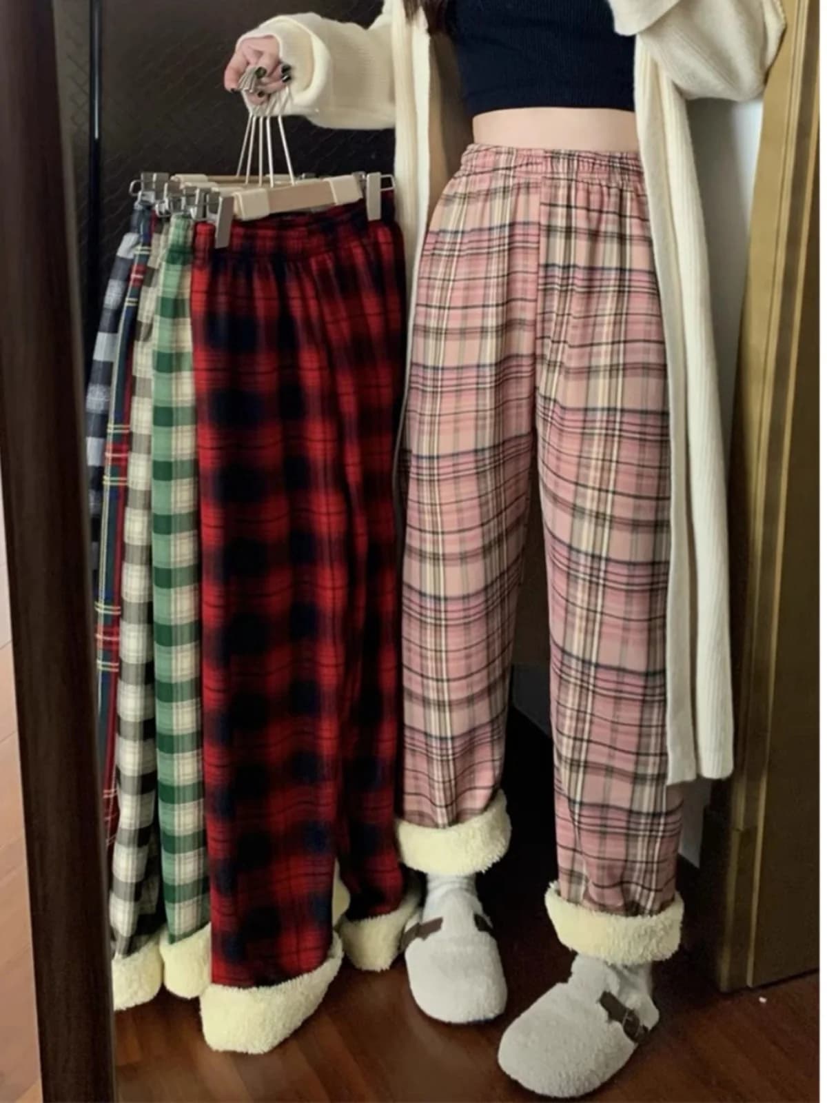 Lamb Velvet Fce Lined Thi Plaid Casual Pants Women's Autumn Winter Loose Straight Leg Wide Leg Cotton Spwear Trousers