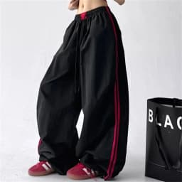 Baggy Wide Leg Track Pants Women Y2K Streetwear Red Stripe Elastic Waist Korean Casual Cargo Trousers Hip Hop Dance Gym Joggers