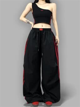 Baggy Wide Leg Track Pants Women Y2K Streetwear Red Stripe Elastic Waist Korean Casual Cargo Trousers Hip Hop Dance Gym Joggers