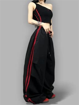 Baggy Wide Leg Track Pants Women Y2K Streetwear Red Stripe Elastic Waist Korean Casual Cargo Trousers Hip Hop Dance Gym Joggers