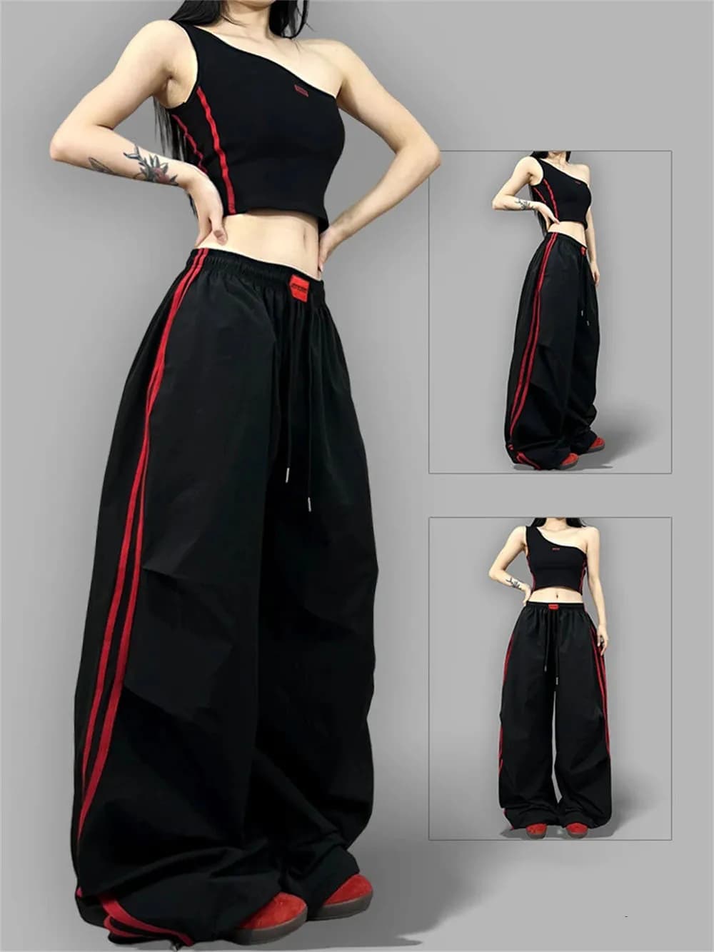 Baggy Wide Leg Track Pants Women Y2K Streetwear Red Stripe Elastic Waist Korean Casual Cargo Trousers Hip Hop Dance Gym Joggers