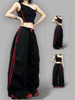 Baggy Wide Leg Track Pants Women Y2K Streetwear Red Stripe Elastic Waist Korean Casual Cargo Trousers Hip Hop Dance Gym Joggers